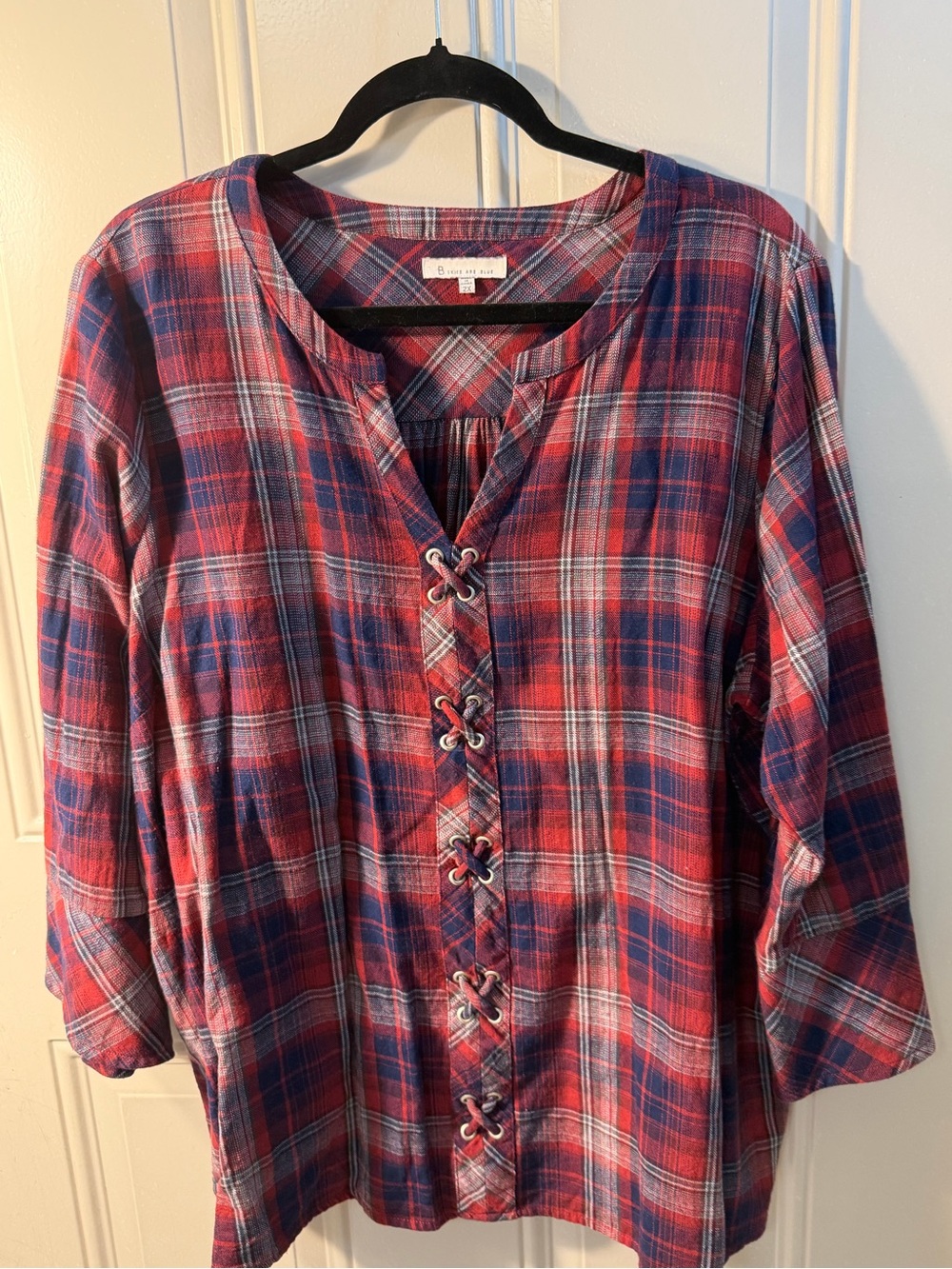Red & Navy Plaid Lace-Up Women's Top - Fall